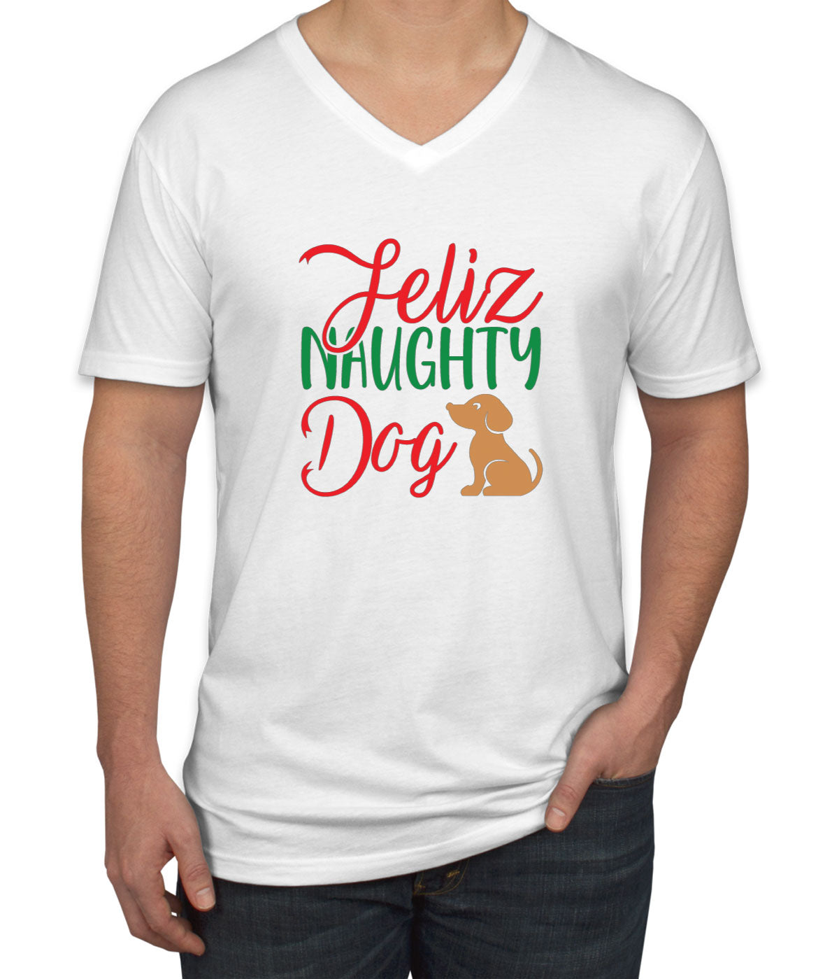 Feliz Naughty Dog Christmas Men's V Neck T-shirt