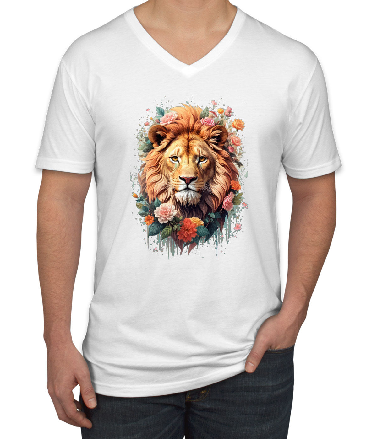 Lion With Floral Design Men's V Neck T-shirt