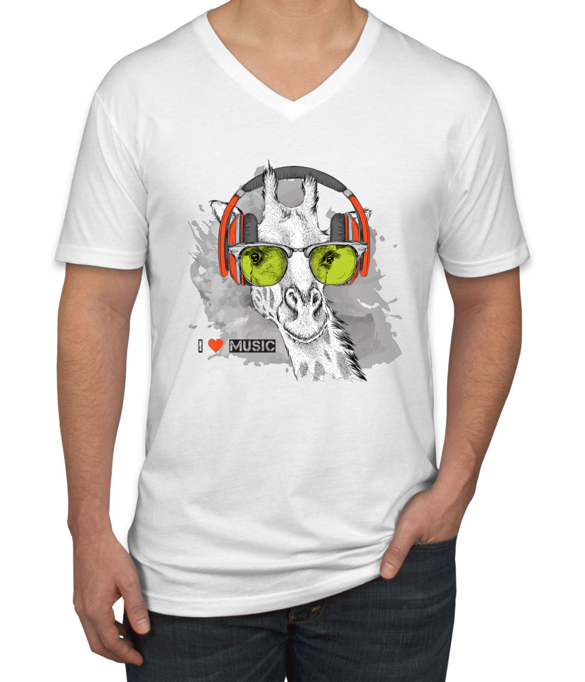 I Love Music Giraffe With Headphones Men's V Neck T-shirt