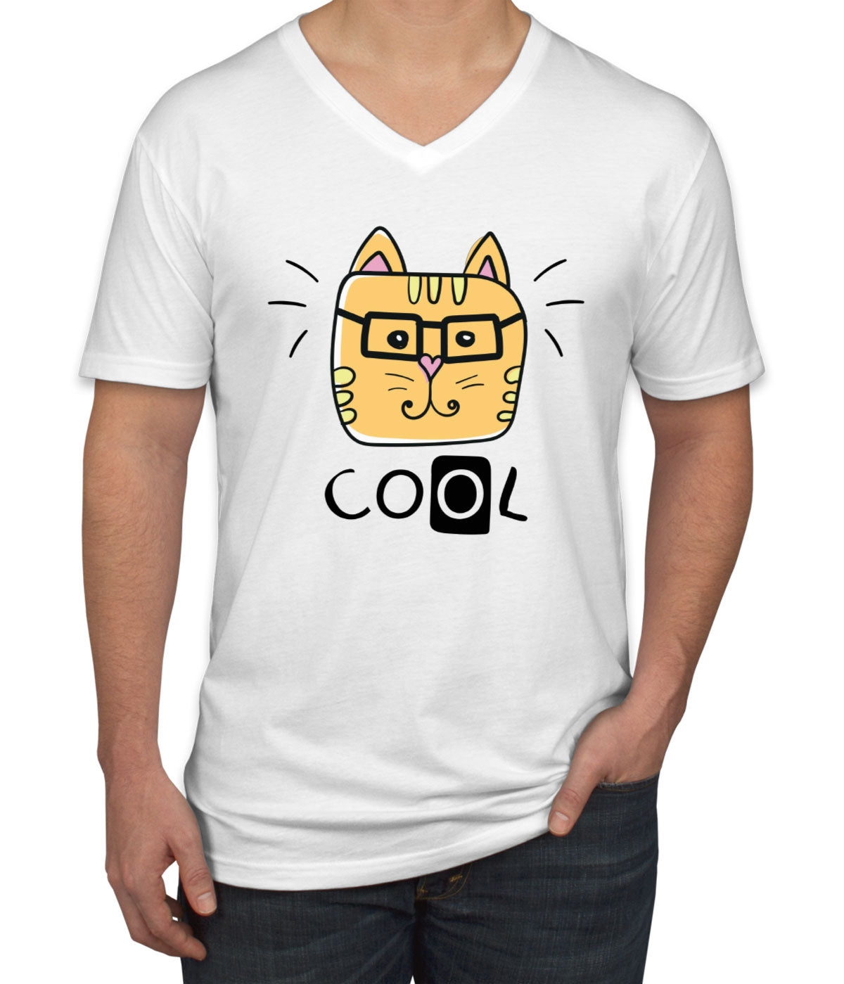 Handdrawing Cool Cat Men's V Neck T-shirt