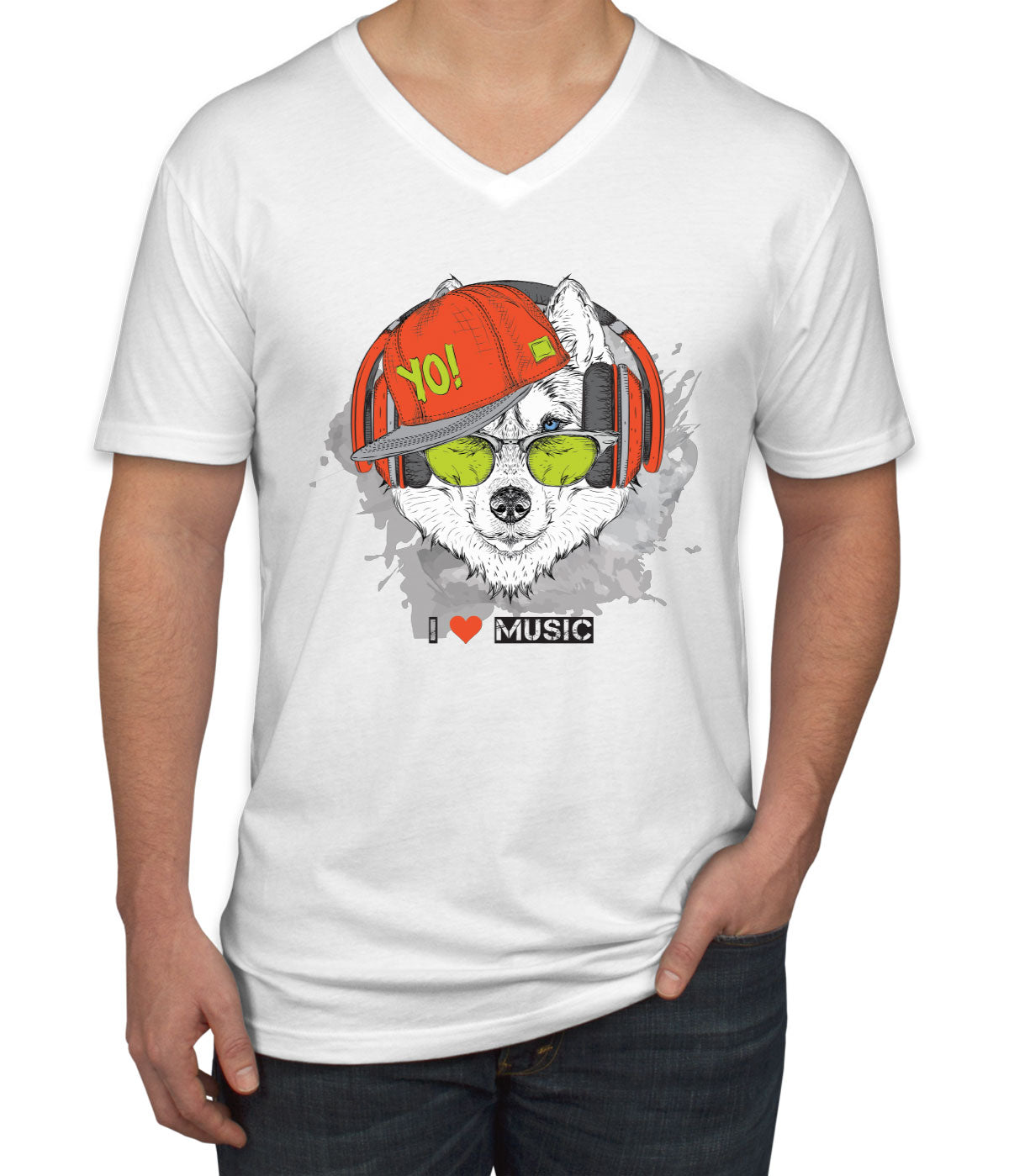 I Love Music Husky With Headphones Men's V Neck T-shirt