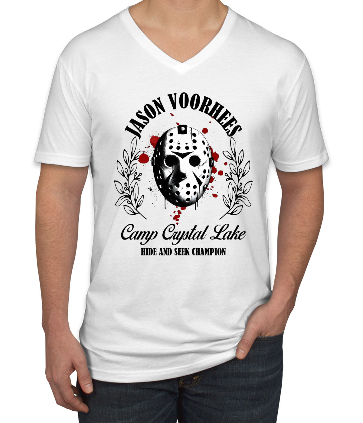 Jason Camp Crystal Lake Hide And Seek Champion Halloween Men's V Neck T-shirt