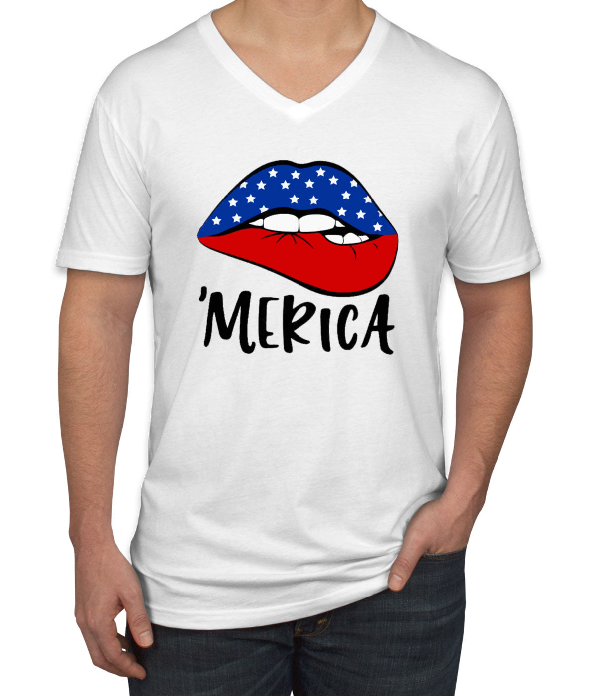 Lipstick Merica American Flag Patriotic Men's V Neck T-shirt