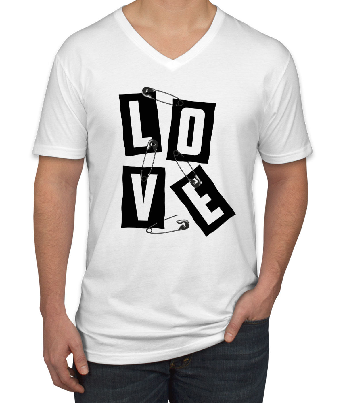 Love Slogan On Ripped Paper And Secured By Safety Pin Men's V Neck T-shirt