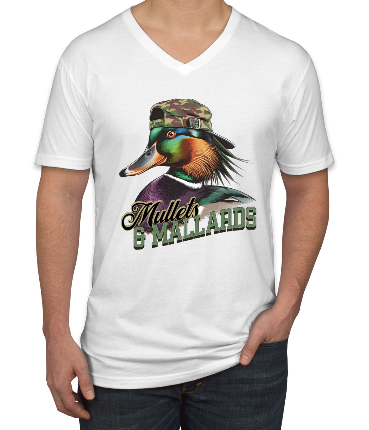 Mullets And Mallards Duck Hunting Men's V Neck T-shirt