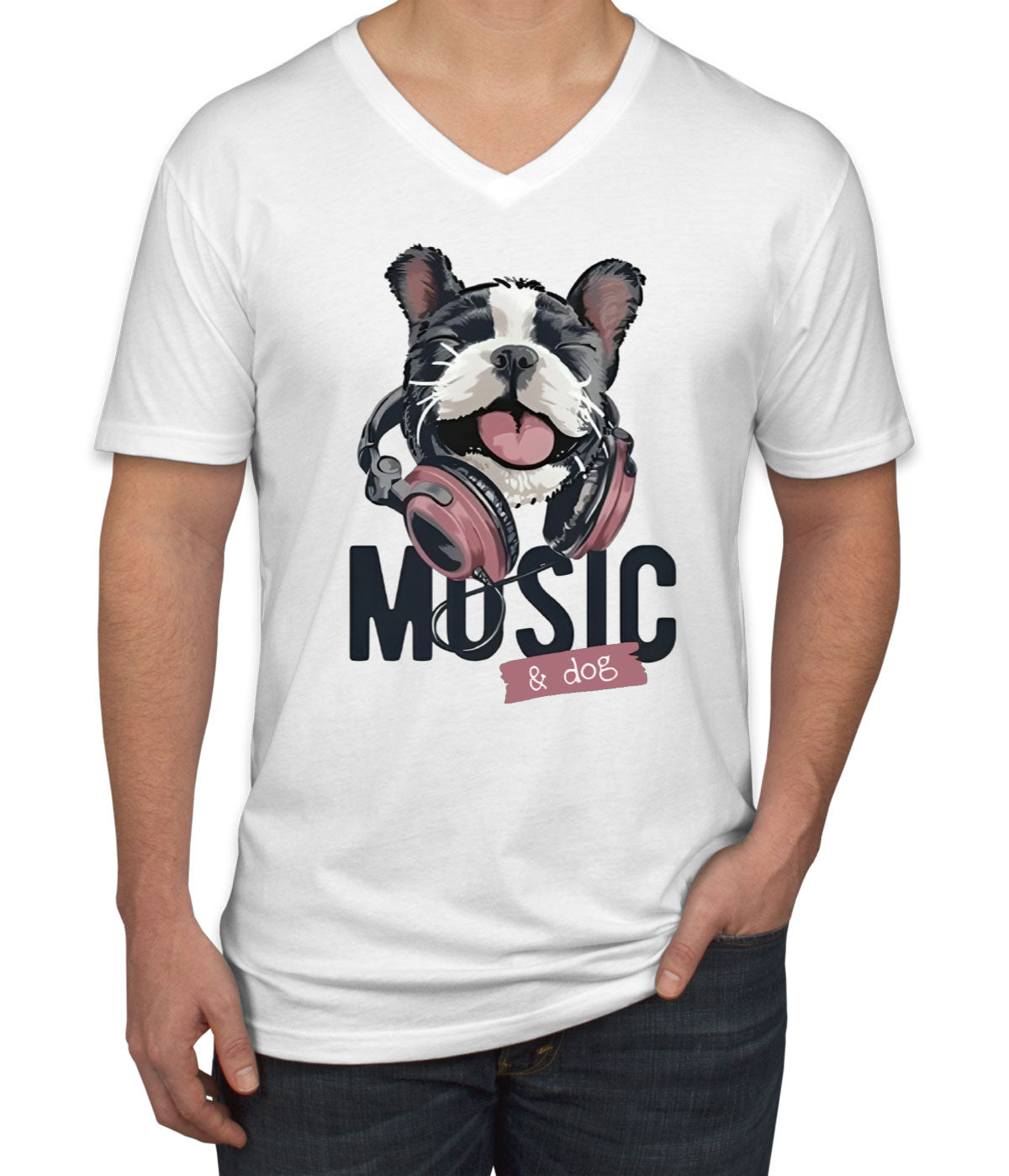 Music And Dog Men's V Neck T-shirt