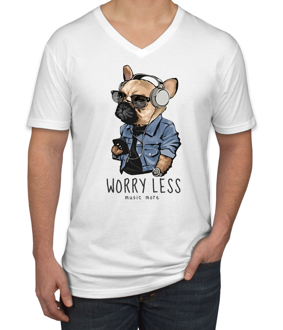 Worry Less Music More Pug Dog Men's V Neck T-shirt