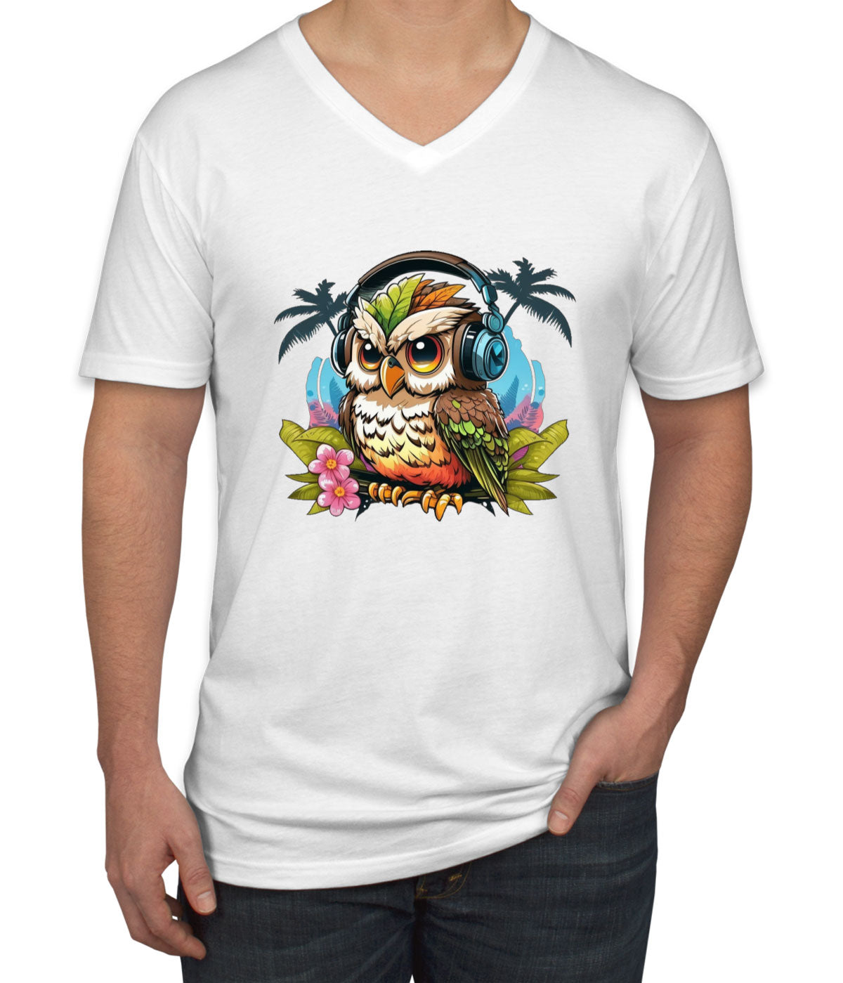 Owl Wearing Headphone Men's V Neck T-shirt