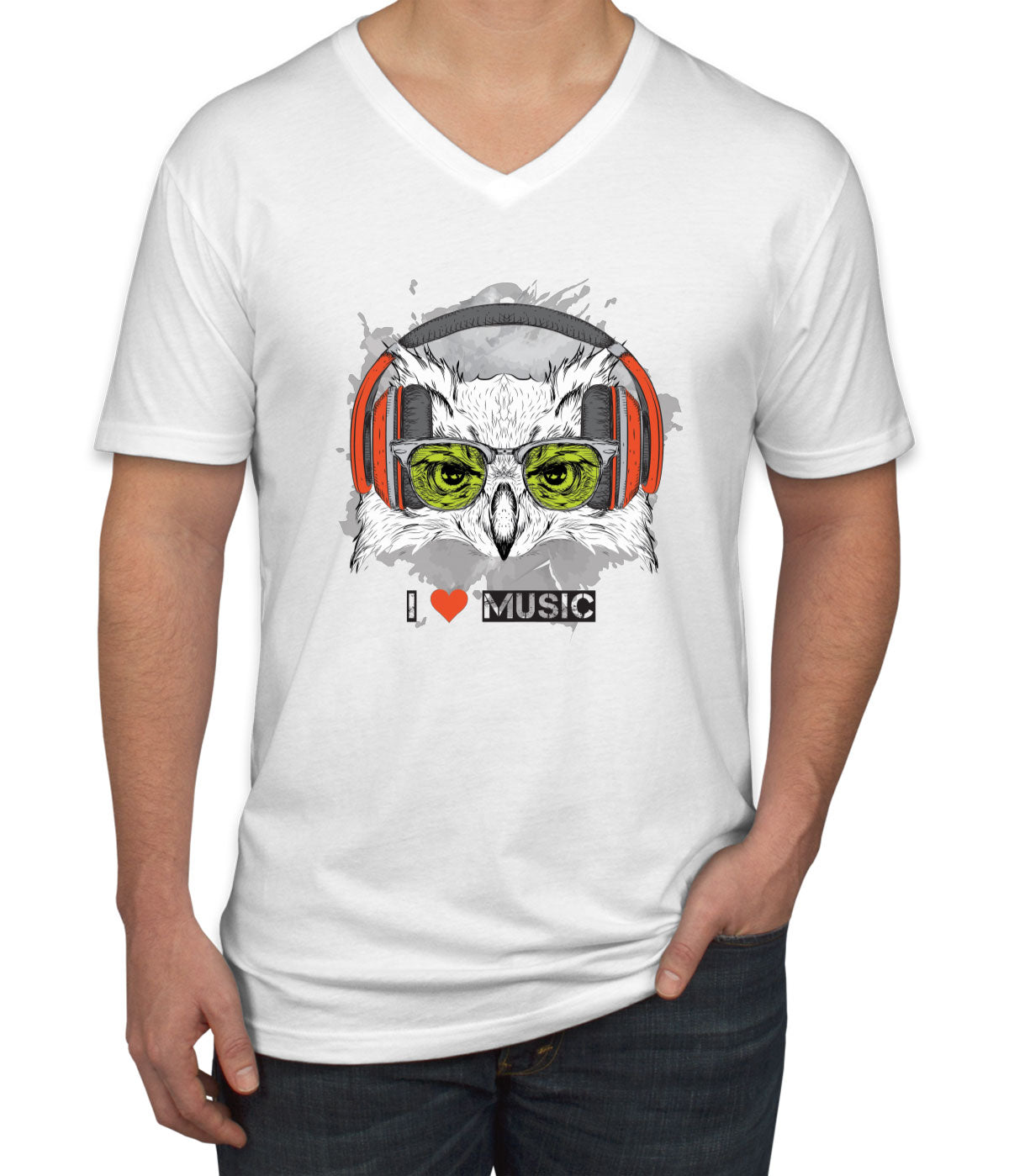 I Love Music Owl With Headphones Men's V Neck T-shirt