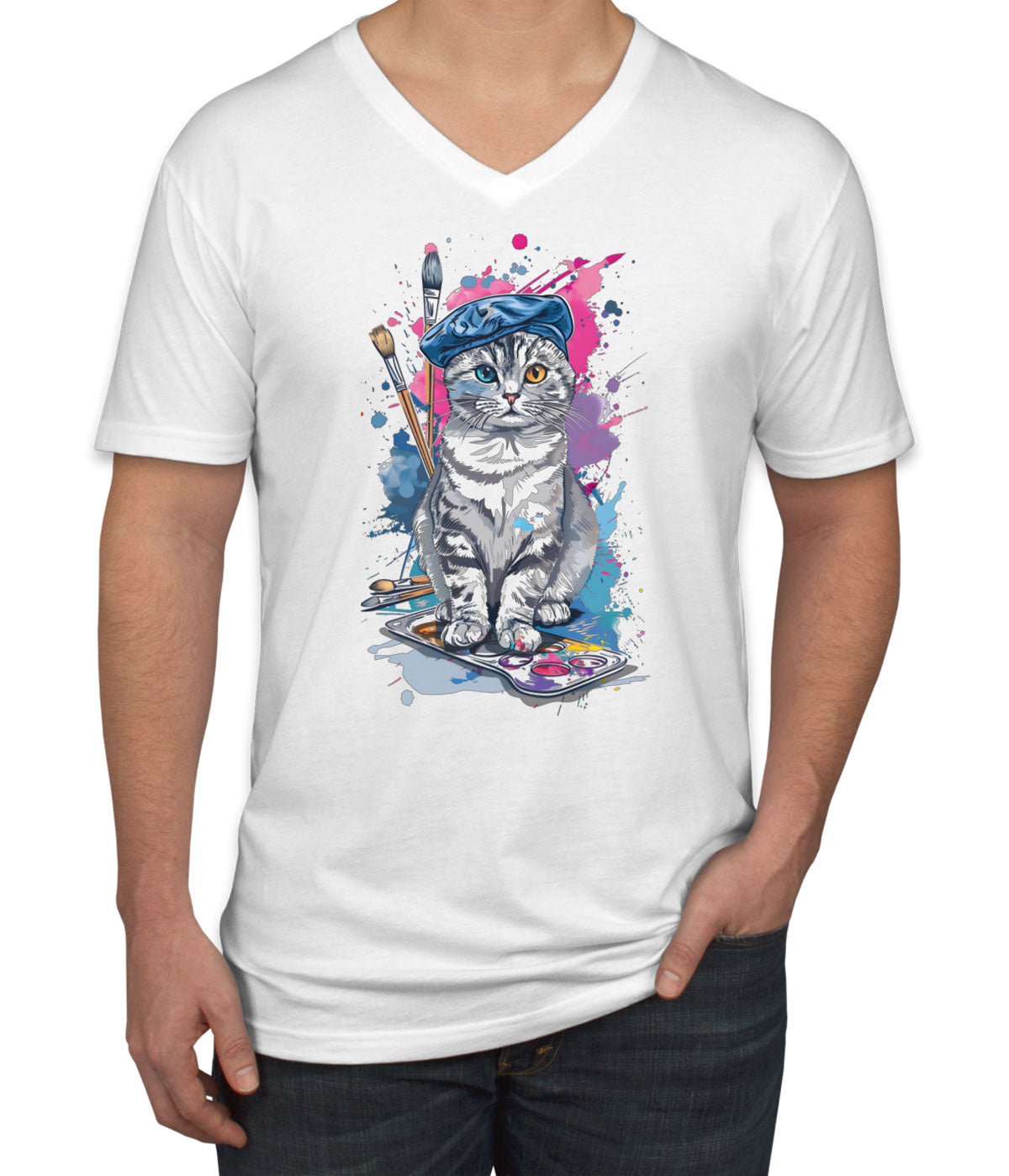 Painter Artist Cat Men's V Neck T-shirt