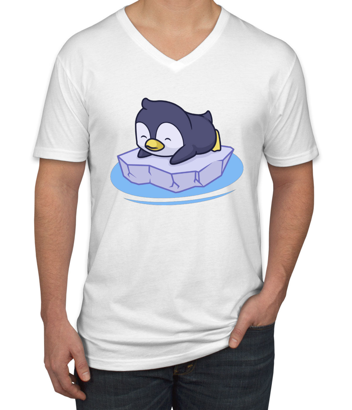 Penguin On Ice Block Men's V Neck T-shirt