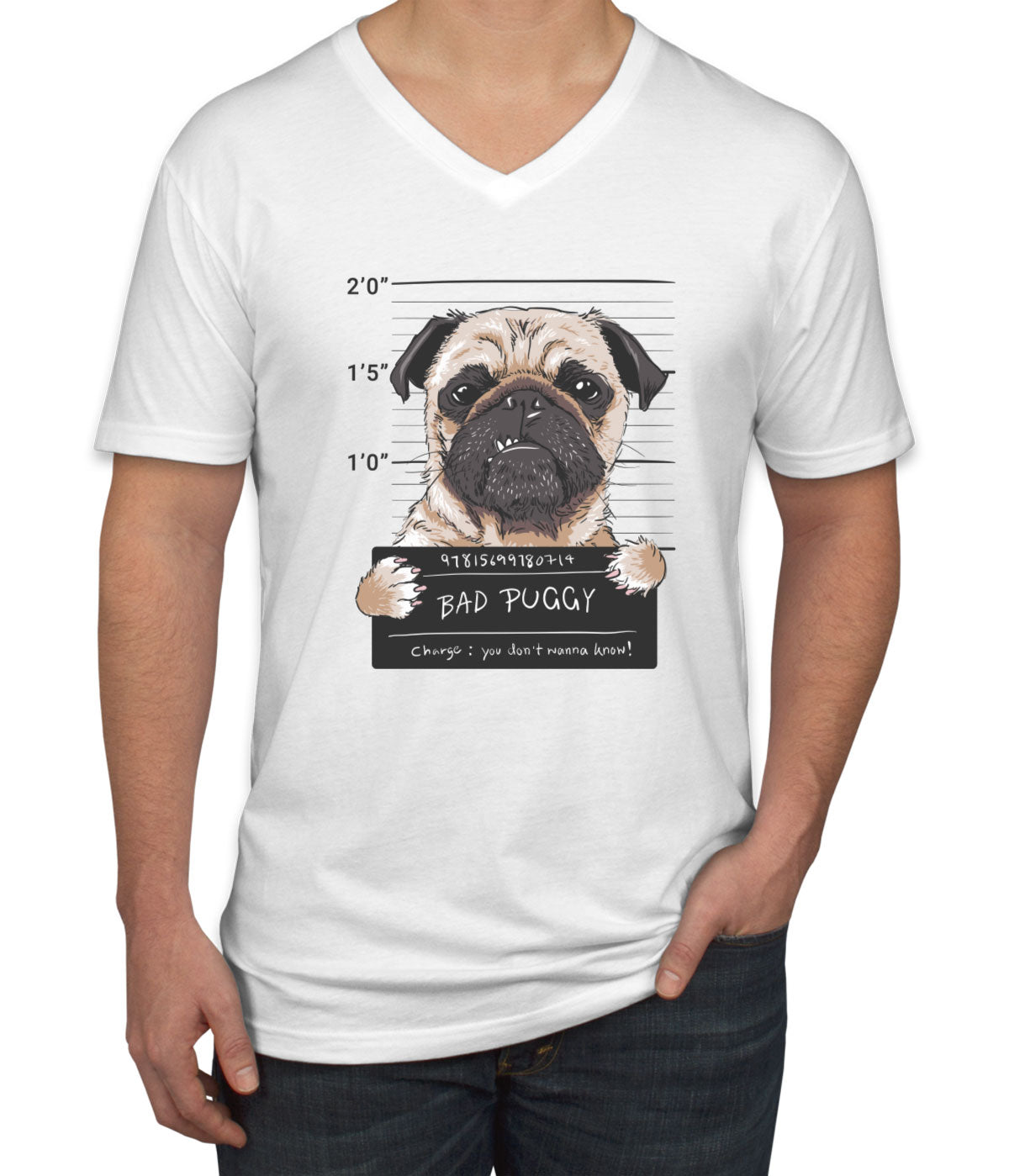 Funny Pug Dog Mugshot Men's V Neck T-shirt