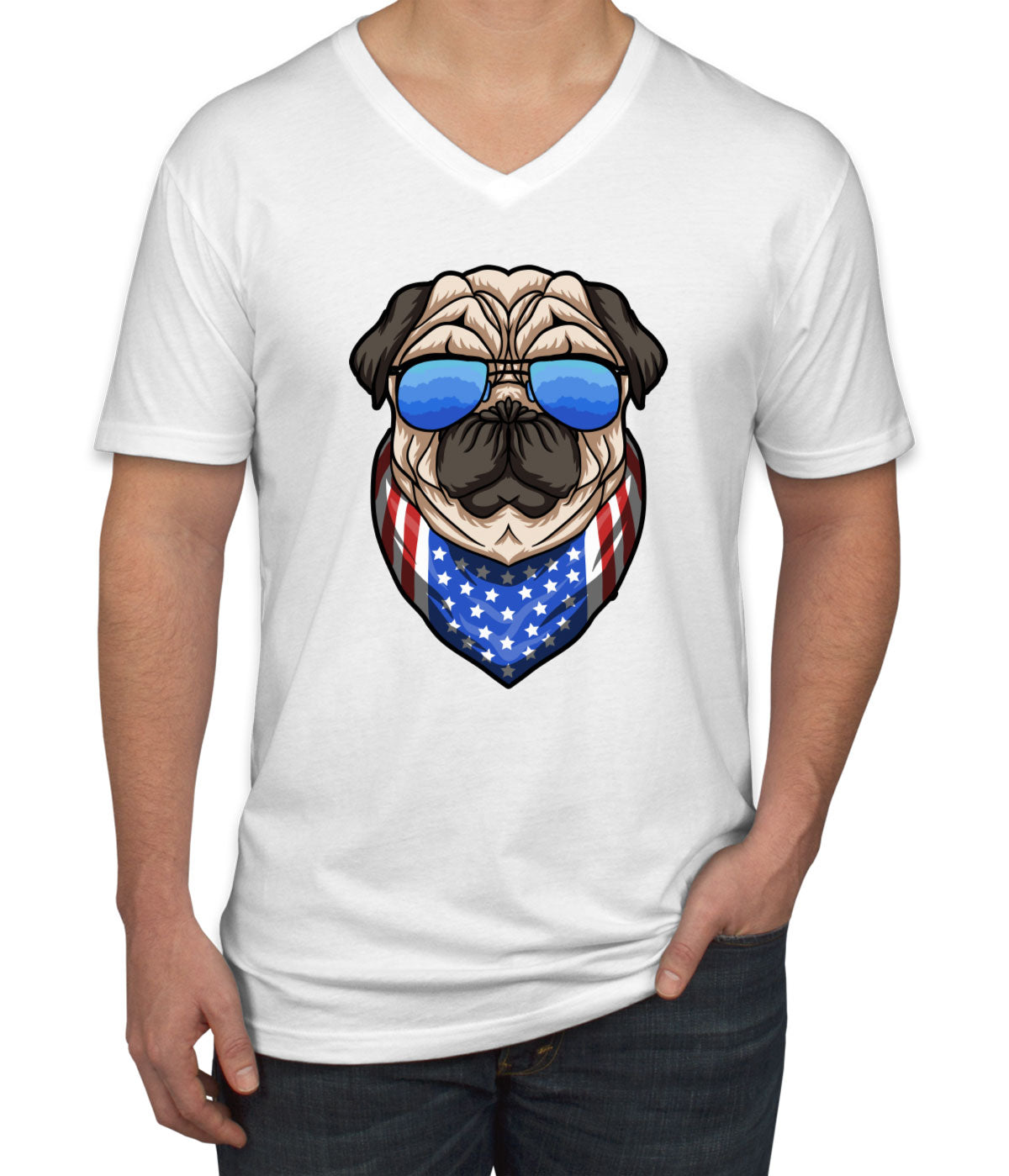 Pug Dog With Sunglasses And Bandana Men's V Neck T-shirt