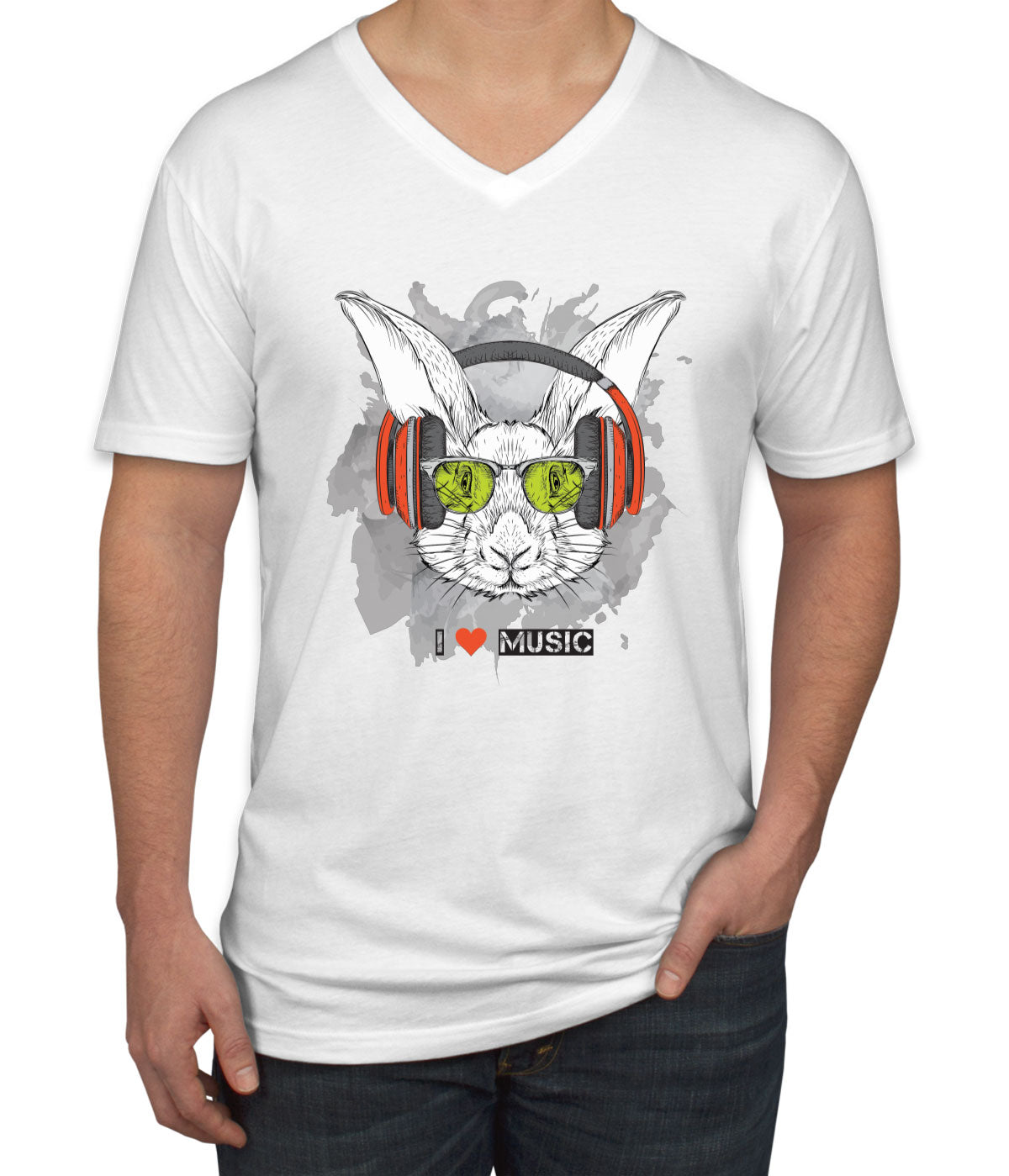 I Love Music Rabbit With Headphones Men's V Neck T-shirt