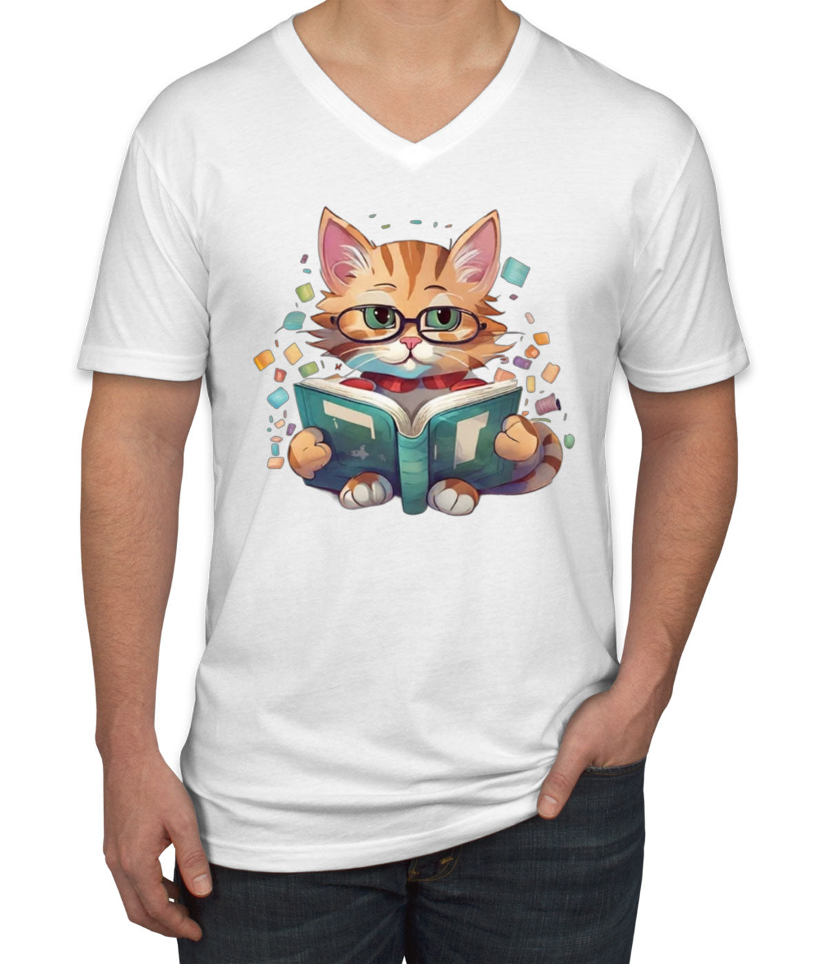 Reading Cat Men's V Neck T-shirt