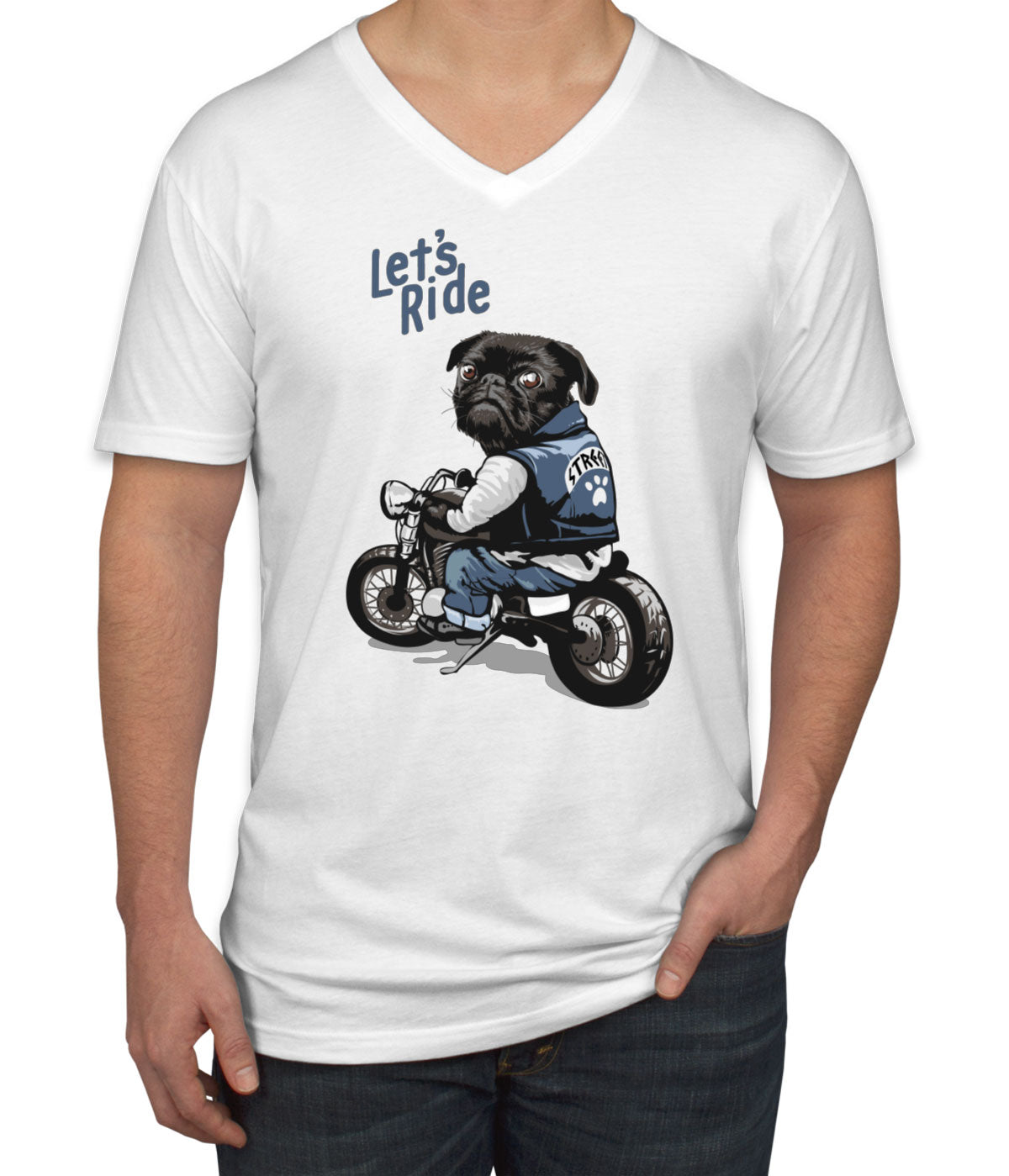 Pug Dog Riding Motorcycle Men's V Neck T-shirt