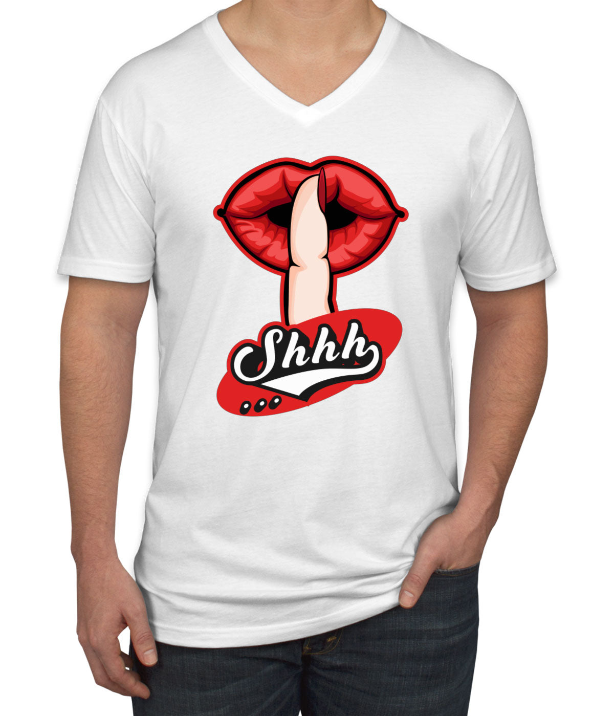 Shhh Silent Gesture With Finger And Red Lips Men's V Neck T-shirt