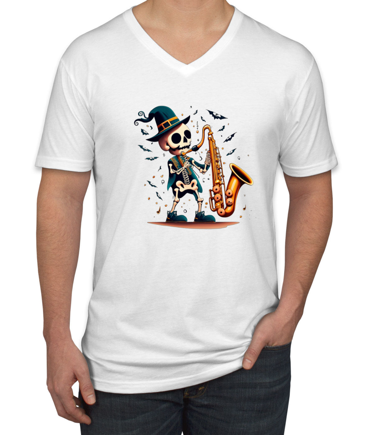 Skeleton Playing Saxophone Men's V Neck T-shirt