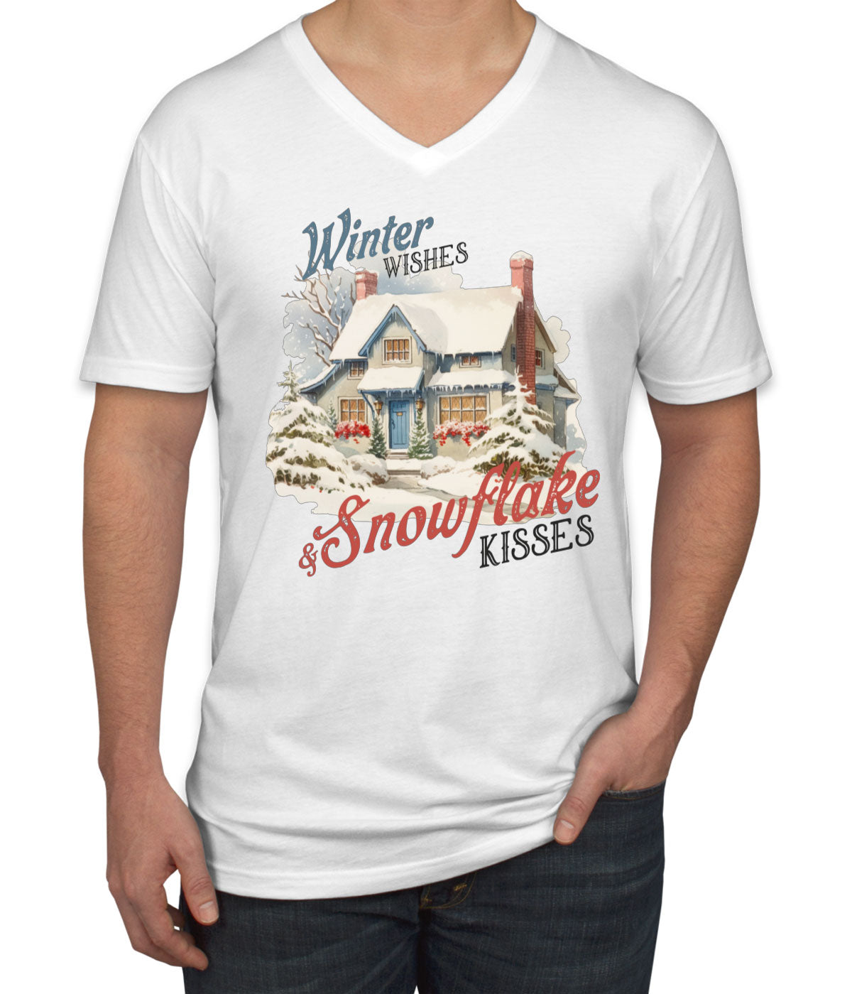 Winter Wishes And Snowflake Kisses Christmas Men's V Neck T-shirt