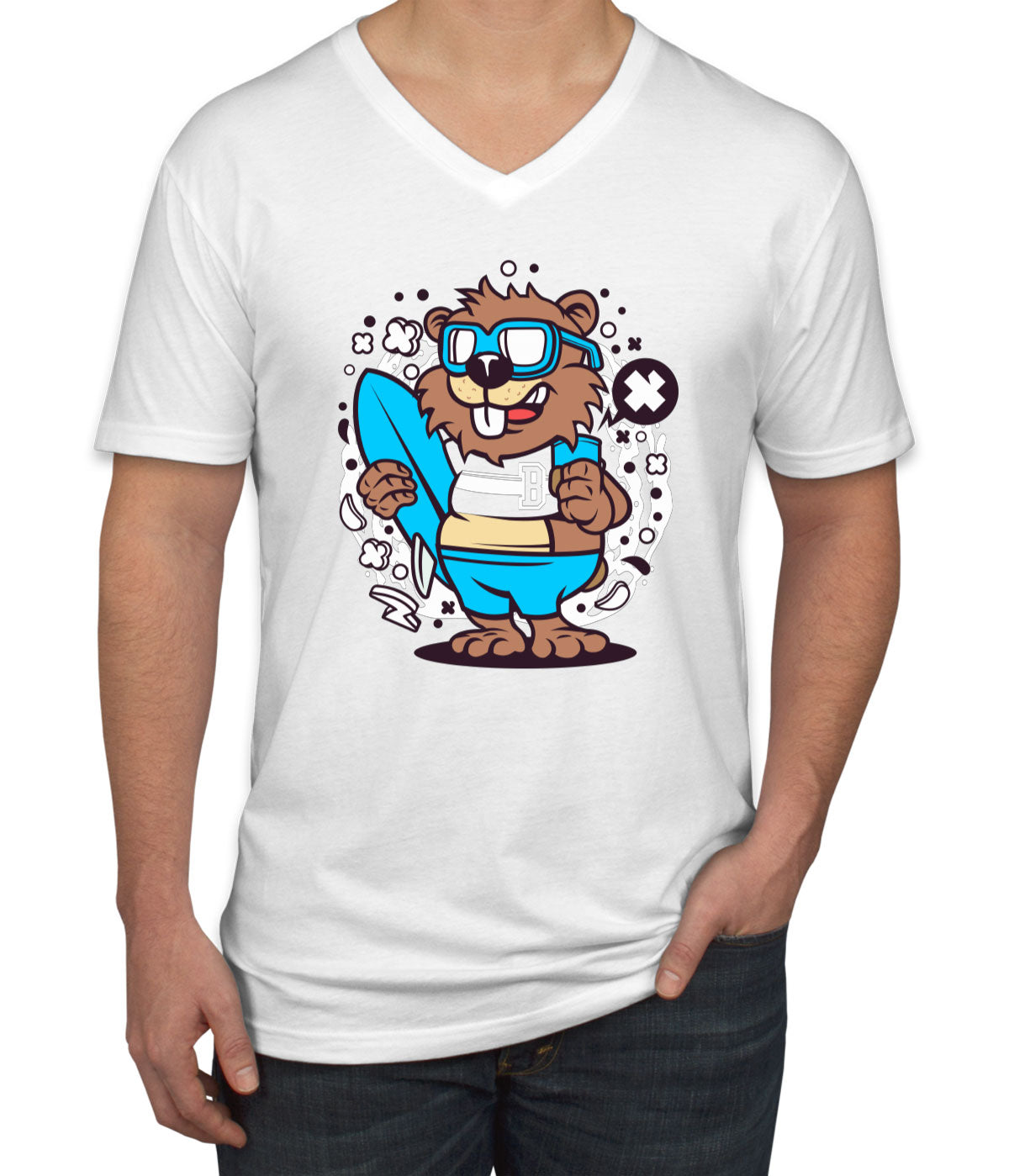 Surfing Beaver Men's V Neck T-shirt