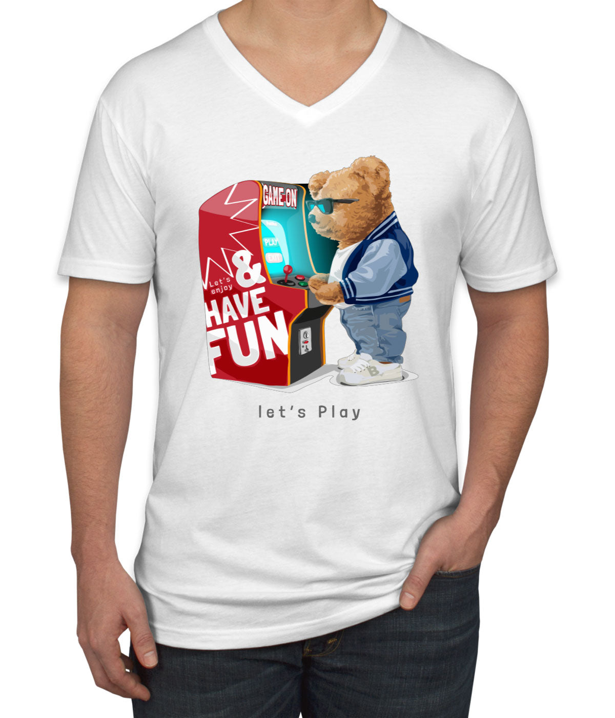 Teddy Bear Arcade Game Machine Men's V Neck T-shirt