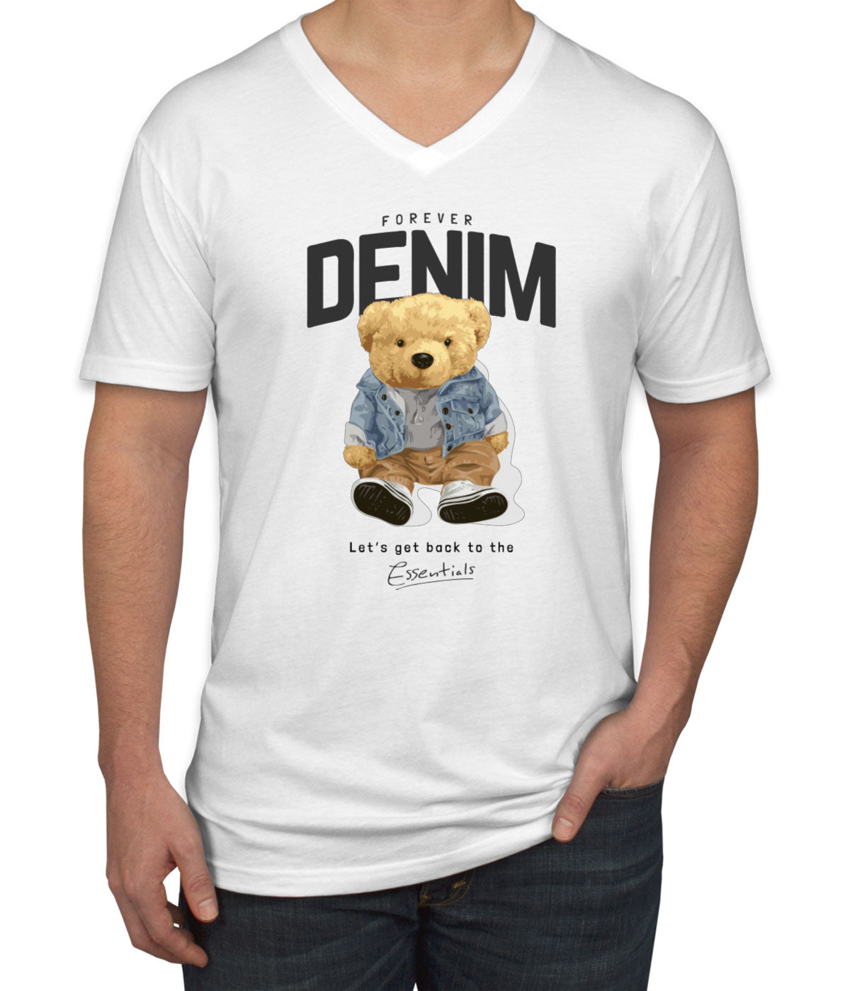 Teddy Bear Forever Denim Men's V Neck T-shirt