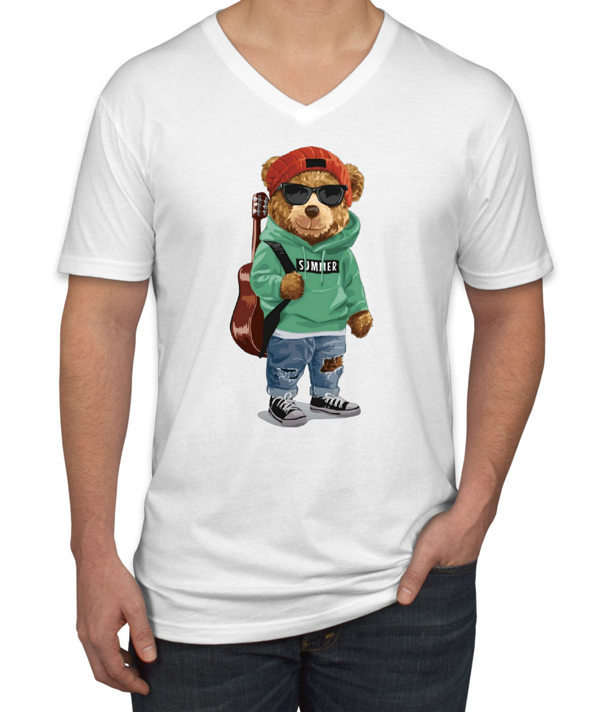 Teddy Bear Musician Men's V Neck T-shirt