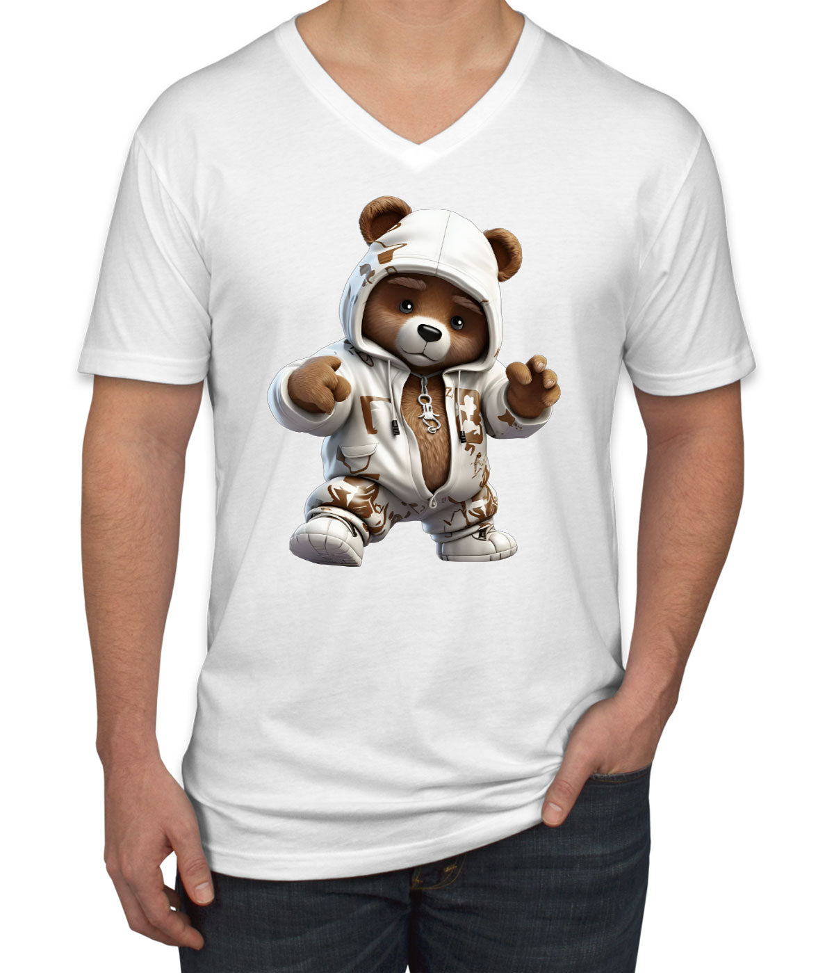 Teddy Bear Wearing Streetwear Men's V Neck T-shirt