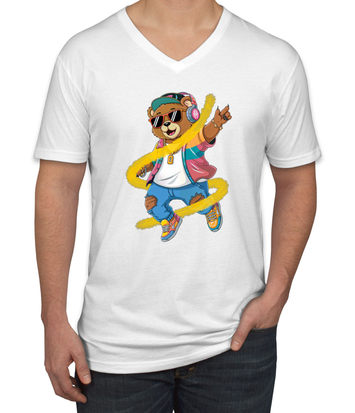 Teddy Bear With Headphone And Sunglasses Men's V Neck T-shirt