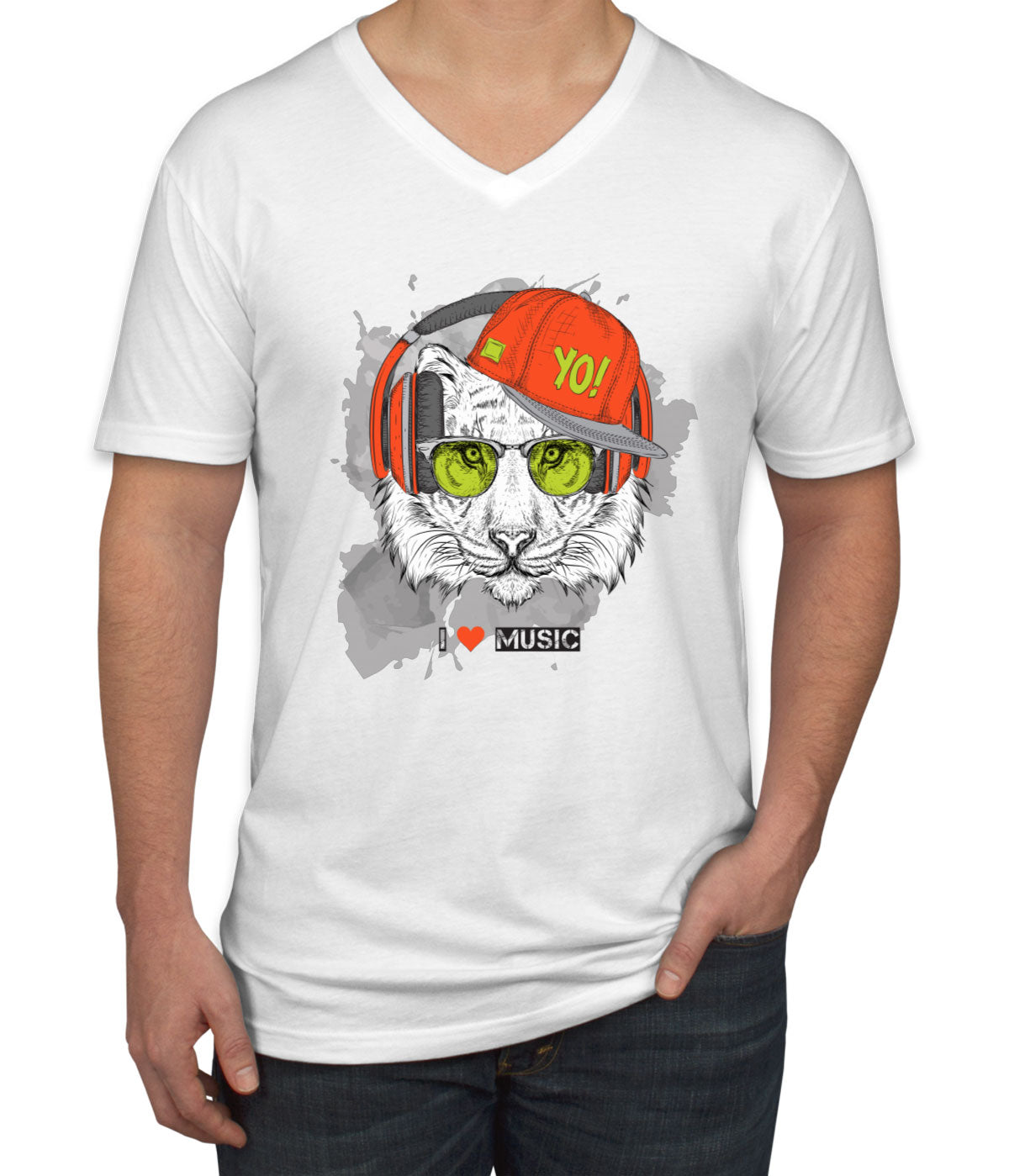 I Love Music Tiger With Headphones Men's V Neck T-shirt