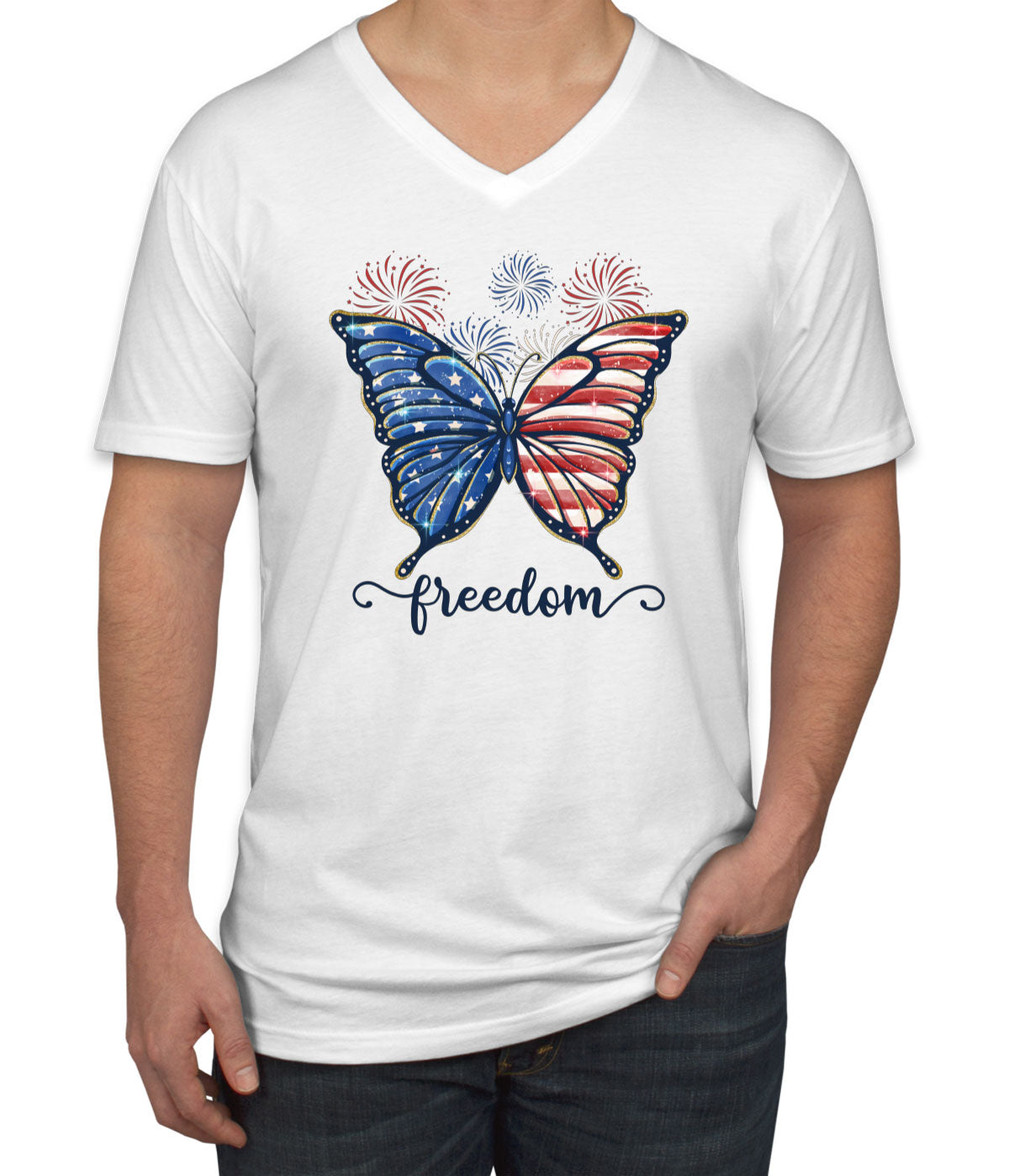 Freedom Butterfly USA Patriotic Men's V Neck T-shirt