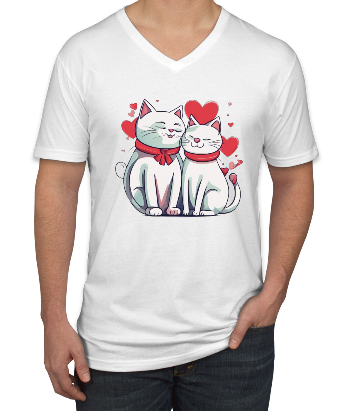 Cute Cat Couples Valentine's Day Men's V Neck T-shirt