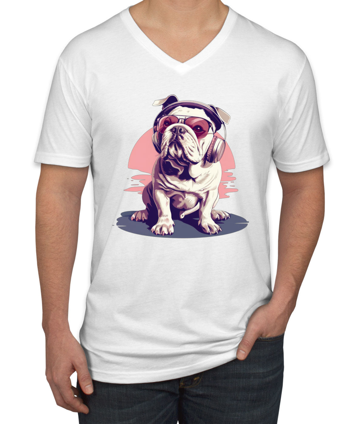 Vintage Bulldog With Headphone And Sunglasses Men's V Neck T-shirt
