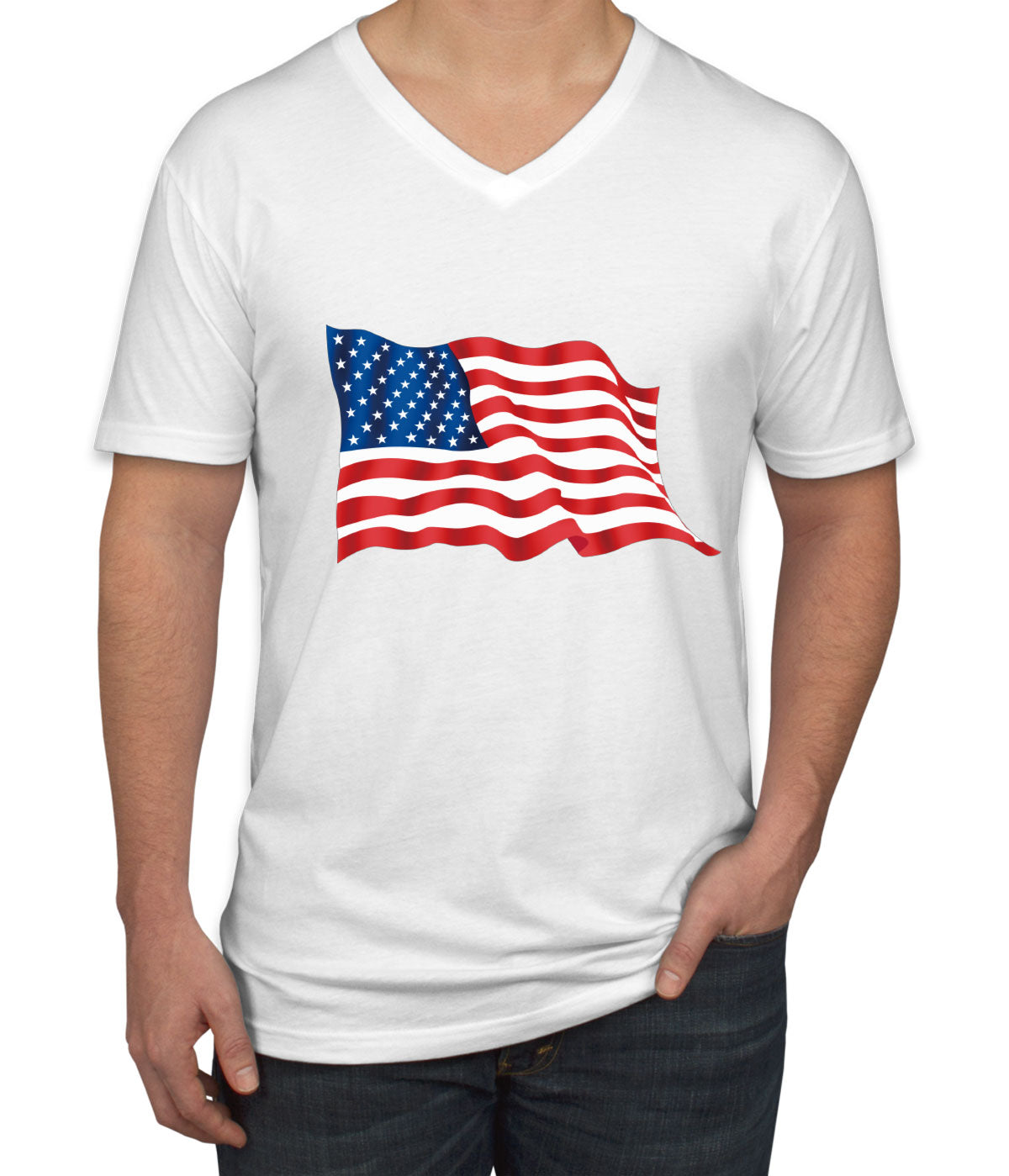 Waving American Flag Patriotic Men's V Neck T-shirt