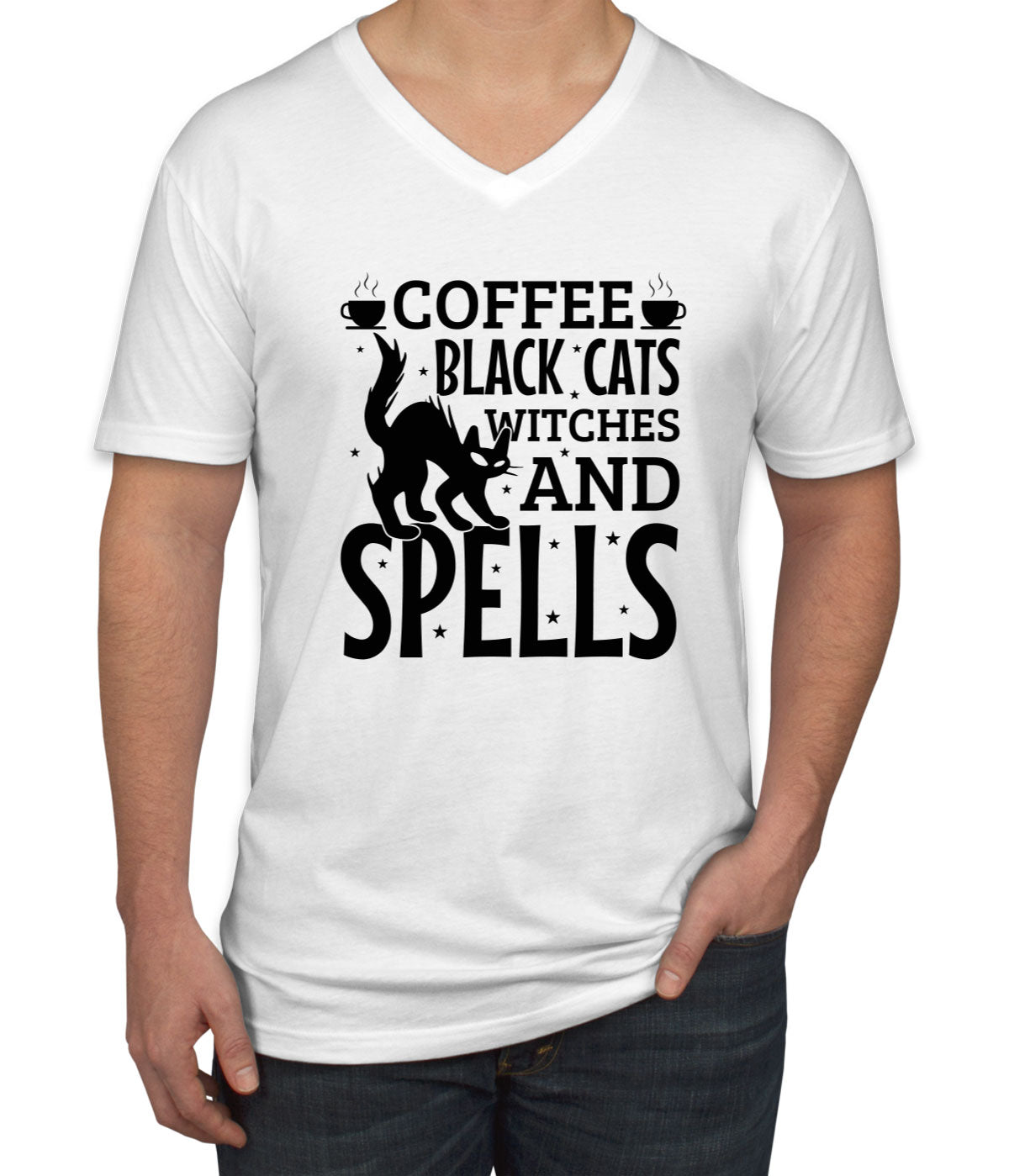 Coffee Black Cats Witches And Spells Halloween Men's V Neck T-shirt