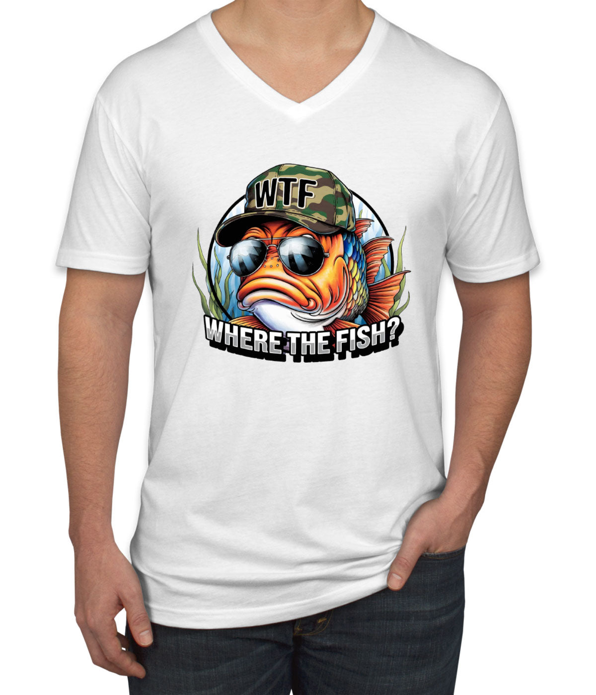 WTF Where The Fish Hunting Bass Fishing Men's V Neck T-shirt