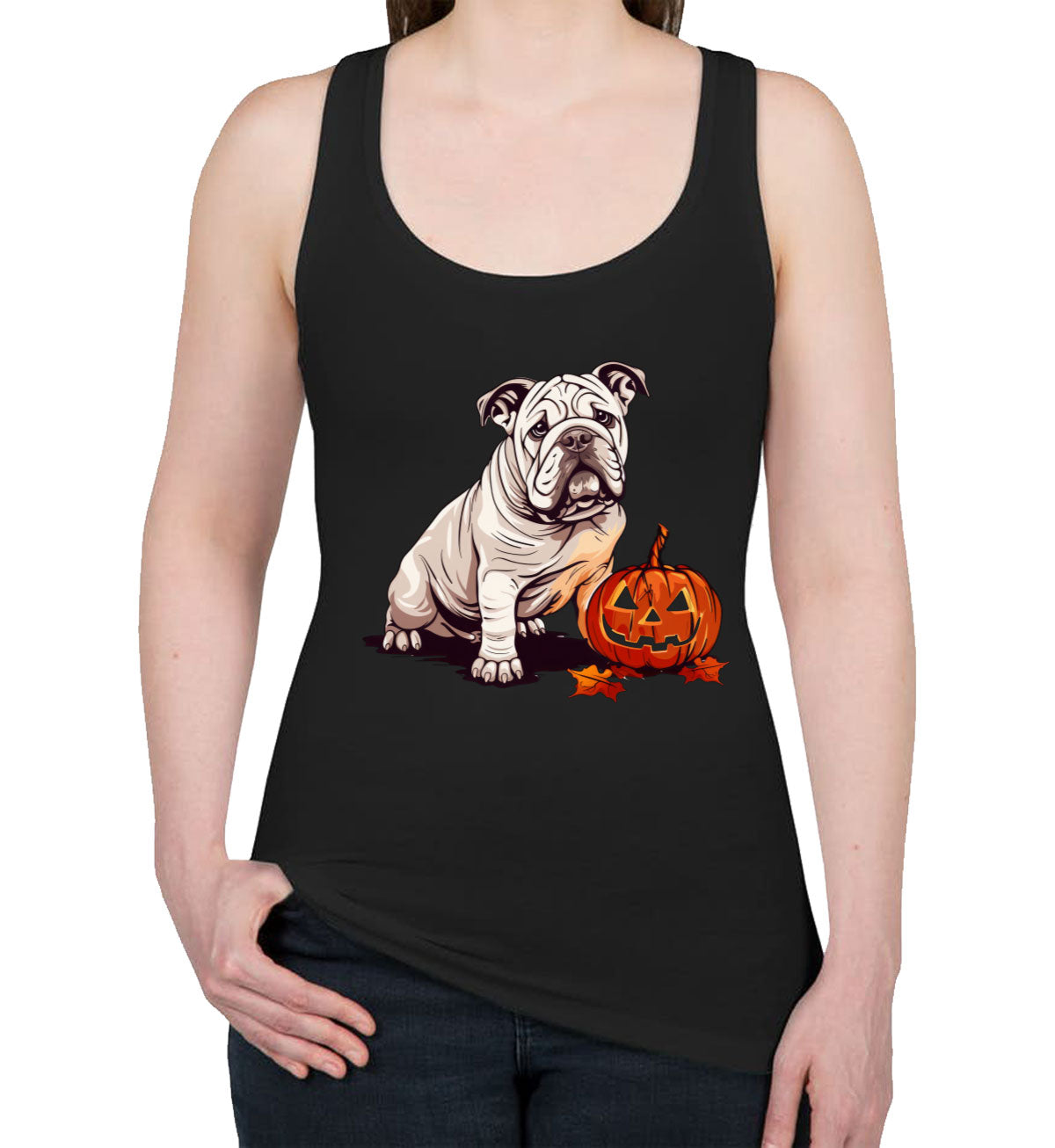 Bulldog With Halloween Pumpkin Women's Racerback Tank Top