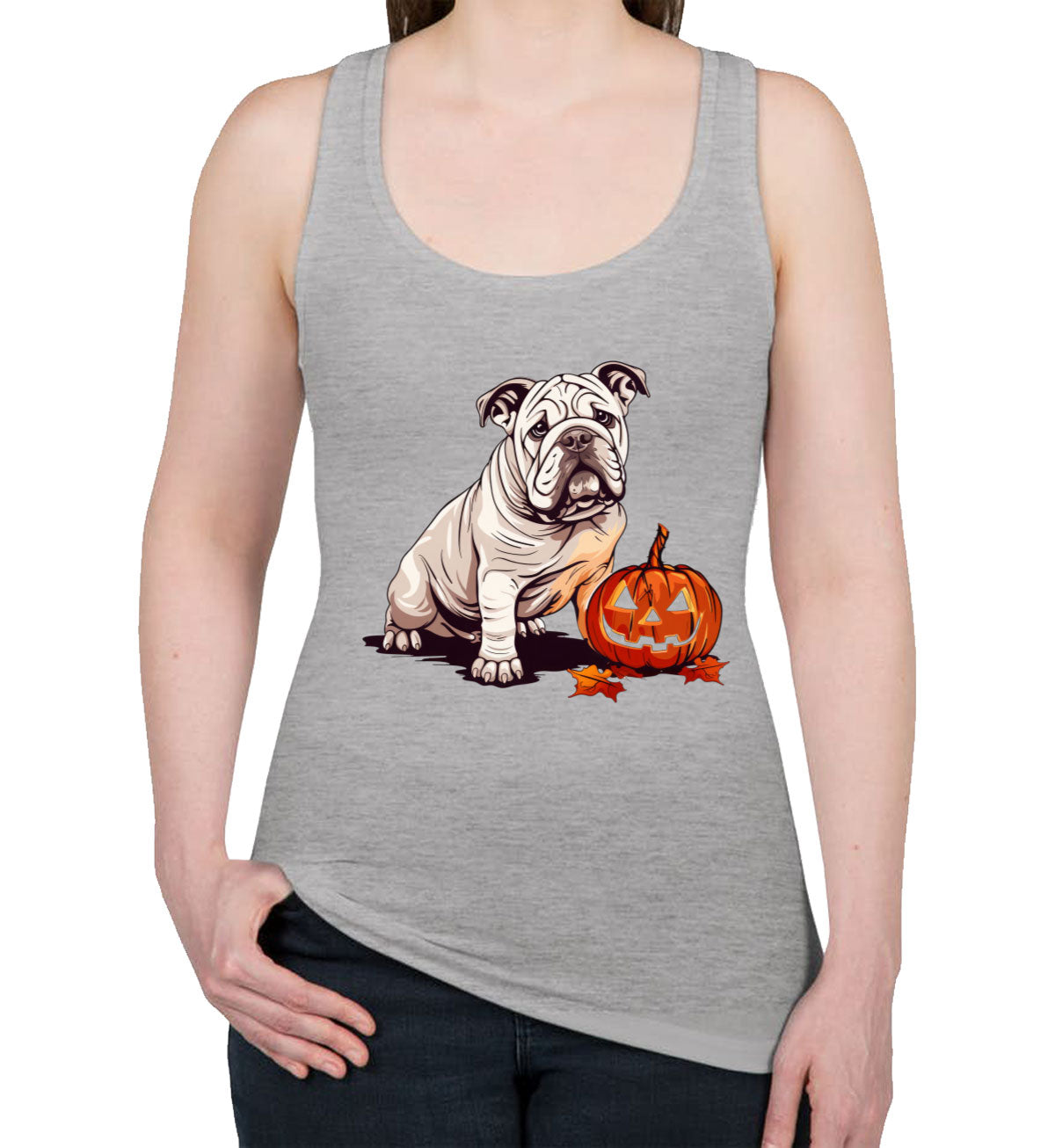 Bulldog With Halloween Pumpkin Women's Racerback Tank Top