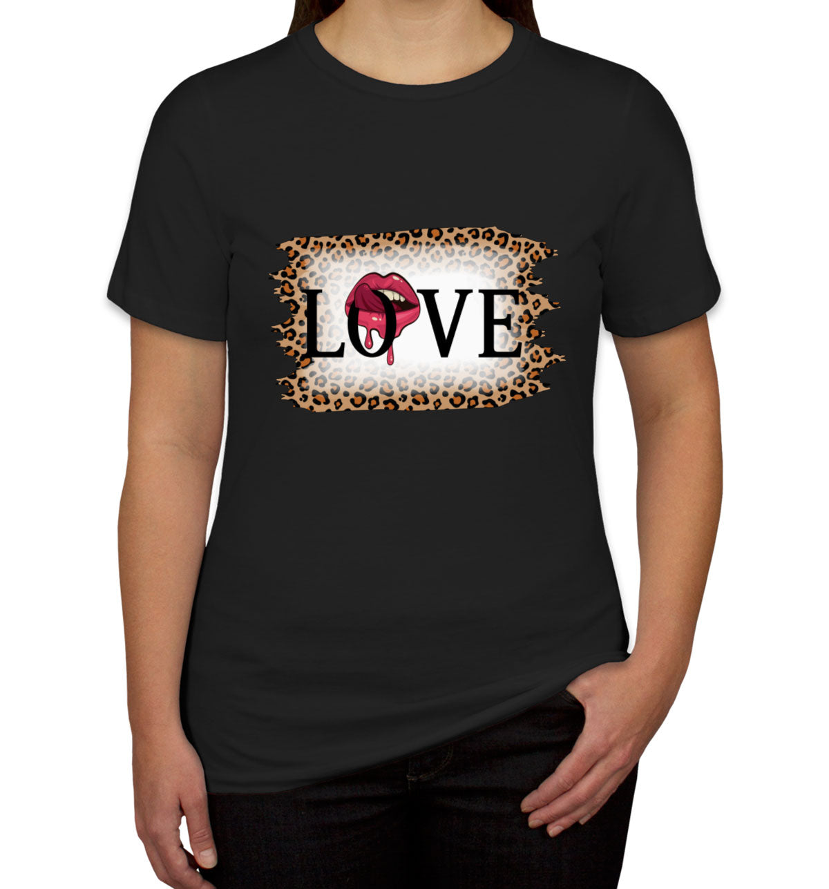 Love Tongue Lipstick Leopard Print Valentine's Day Women's T-shirt