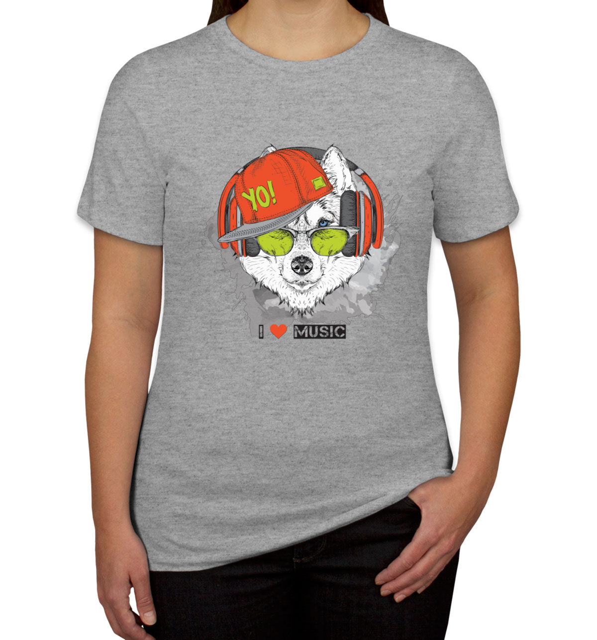 I Love Music Husky With Headphones Women's T-shirt