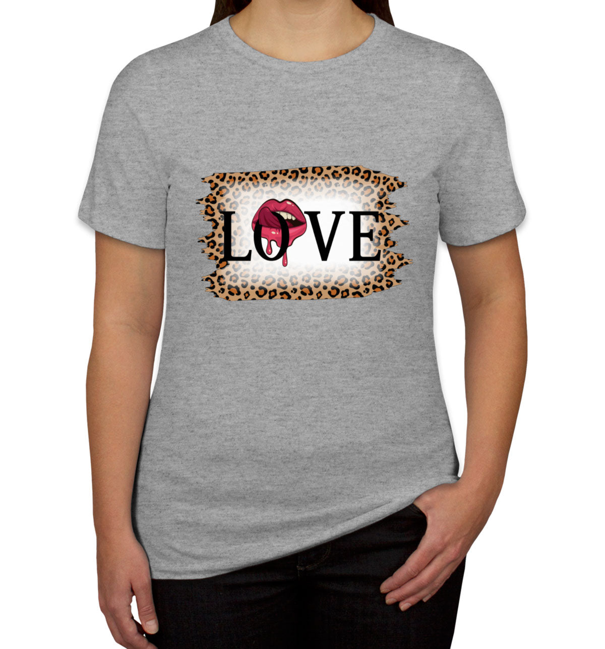 Love Tongue Lipstick Leopard Print Valentine's Day Women's T-shirt