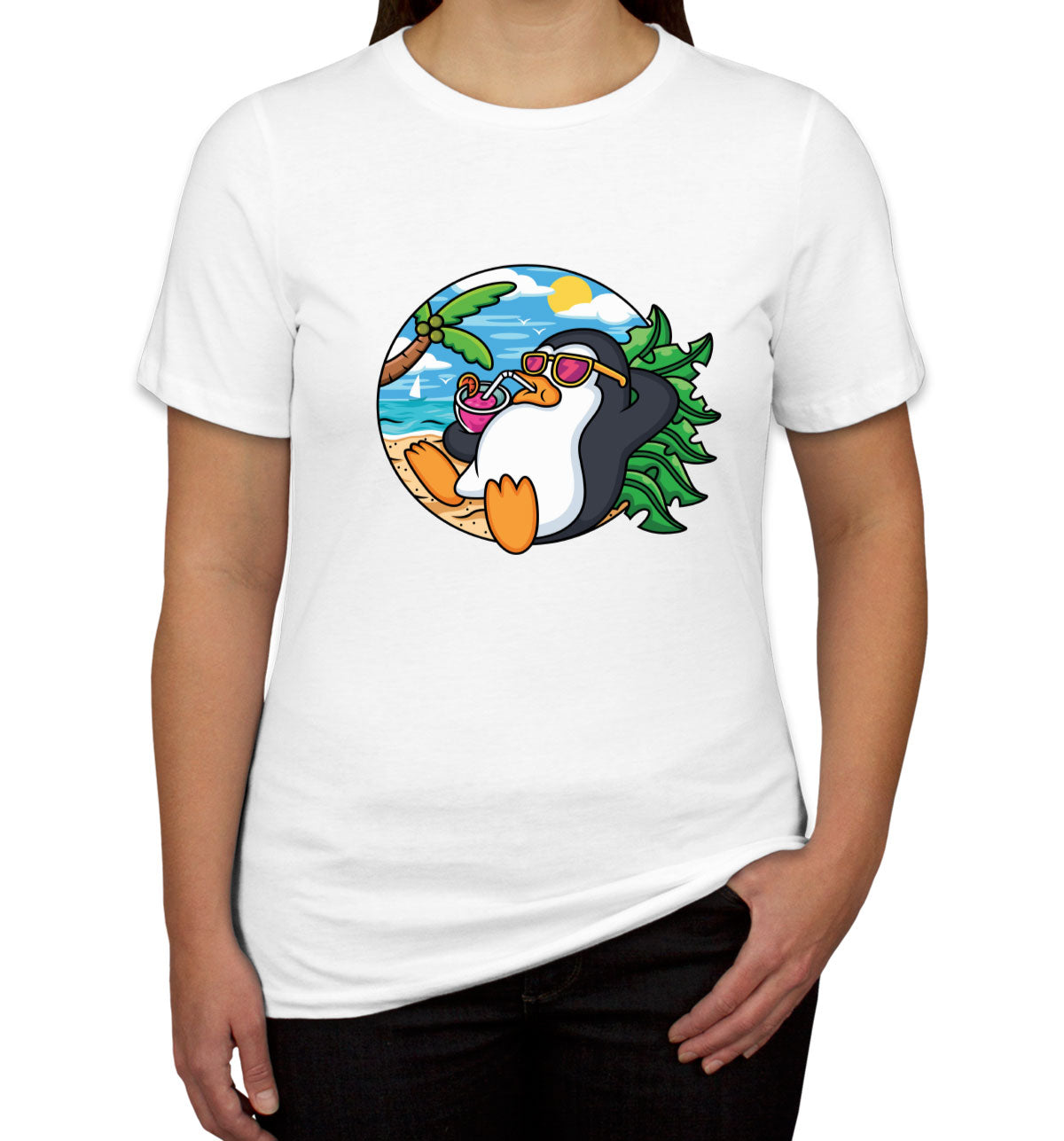 Cartoon Penguin On Vacation Women's T-shirt