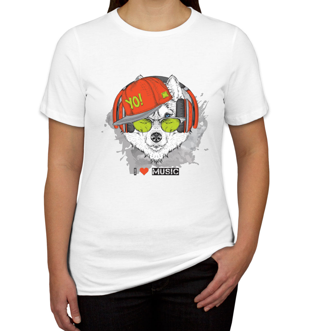 I Love Music Husky With Headphones Women's T-shirt