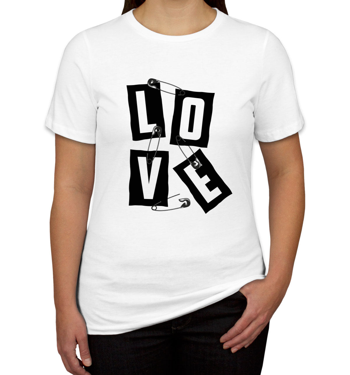 Love Slogan On Ripped Paper And Secured By Safety Pin Women's T-shirt