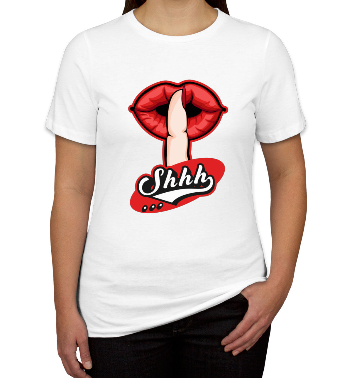 Shhh Silent Gesture With Finger And Red Lips Women's T-shirt