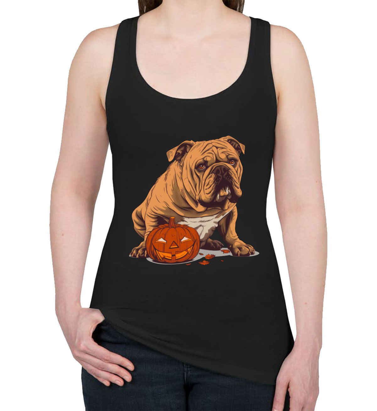 Bulldog With Halloween Pumpkin Women's Racerback Tank Top