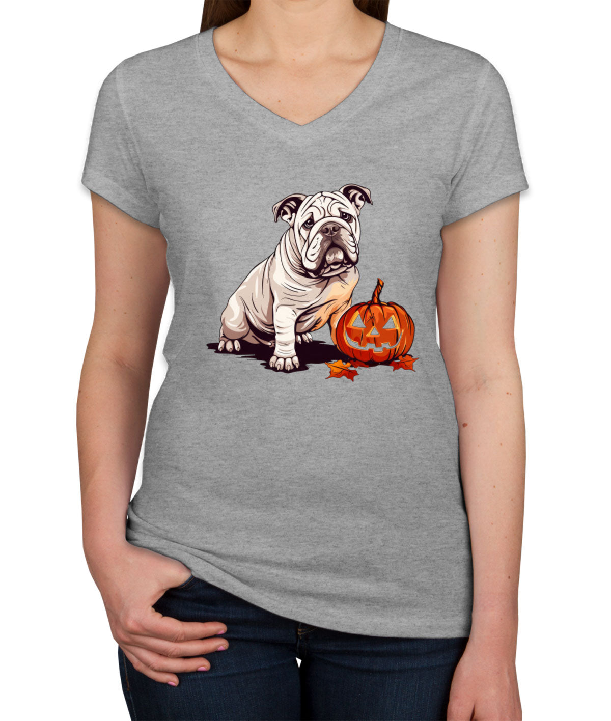 Bulldog With Halloween Pumpkin Women's V Neck T-shirt