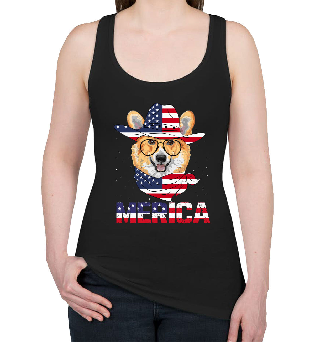 Corgi Merica Patriotic Women's Racerback Tank Top