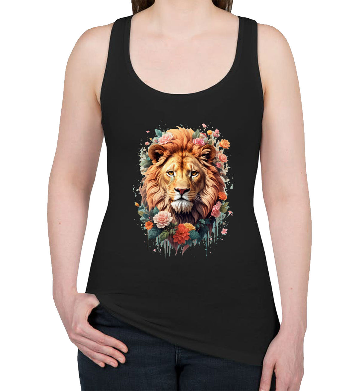 Lion With Floral Design Women's Racerback Tank Top