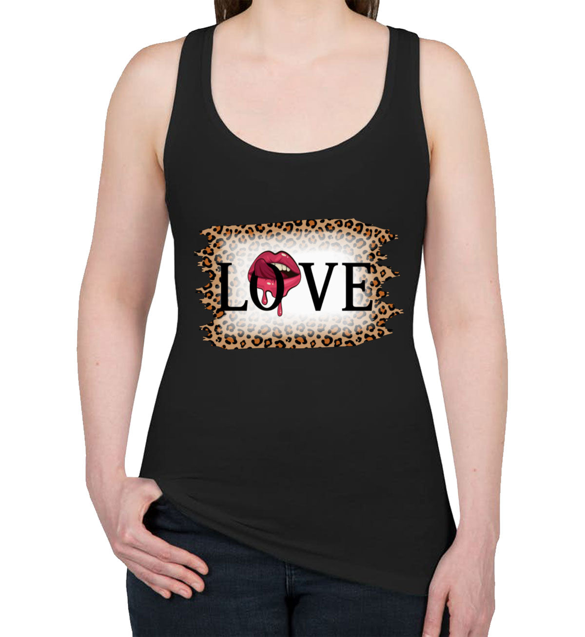 Love Tongue Lipstick Leopard Print Valentine's Day Women's Racerback Tank Top